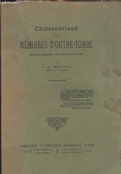 Mmoires d'outre-tombe - Edition abrge avec une tude et notes par L.-A. Molien - 3e dition