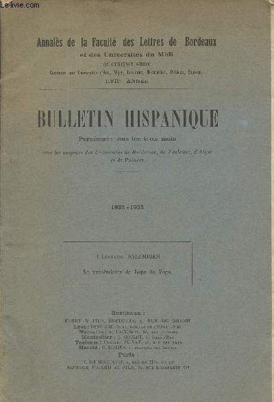 Bulletin hispanique - Annales de la facult des Lettres de Bordeaux - LVIIe anne - 1932-1933 - Lontine Salembien, Le vocabulaire de Lope de Vega