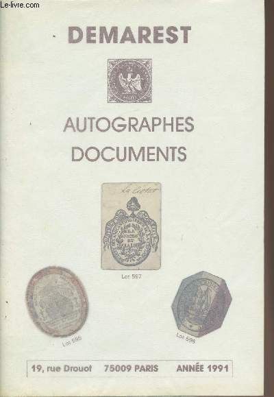 Demarest - autographes, documents - Lot 597 Drouot anne 1991