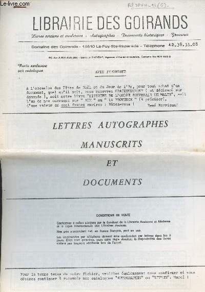 Documents photocopis - Librairie des Goirands - Lettres autographes, manuscrits et documents