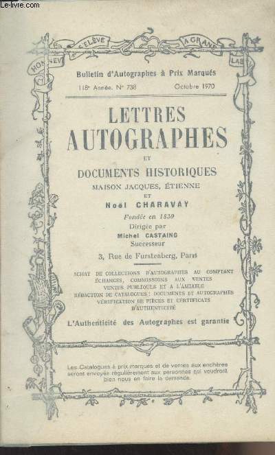 Bulletin d'Autographes  prix marqus 188e anne n738 octobre 1970 - Lettres autographes et documents historiques, maison Jacques, Etienne et Nol Charavay