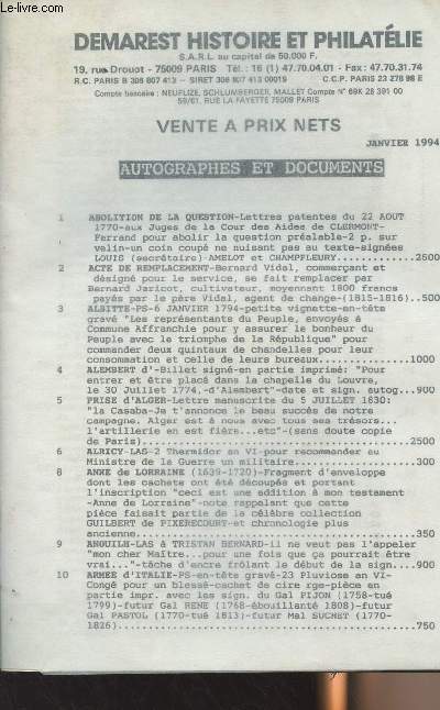 Demarest histoire et philatlie - Vente  prix nets - Autographes et documents, janvier 1994