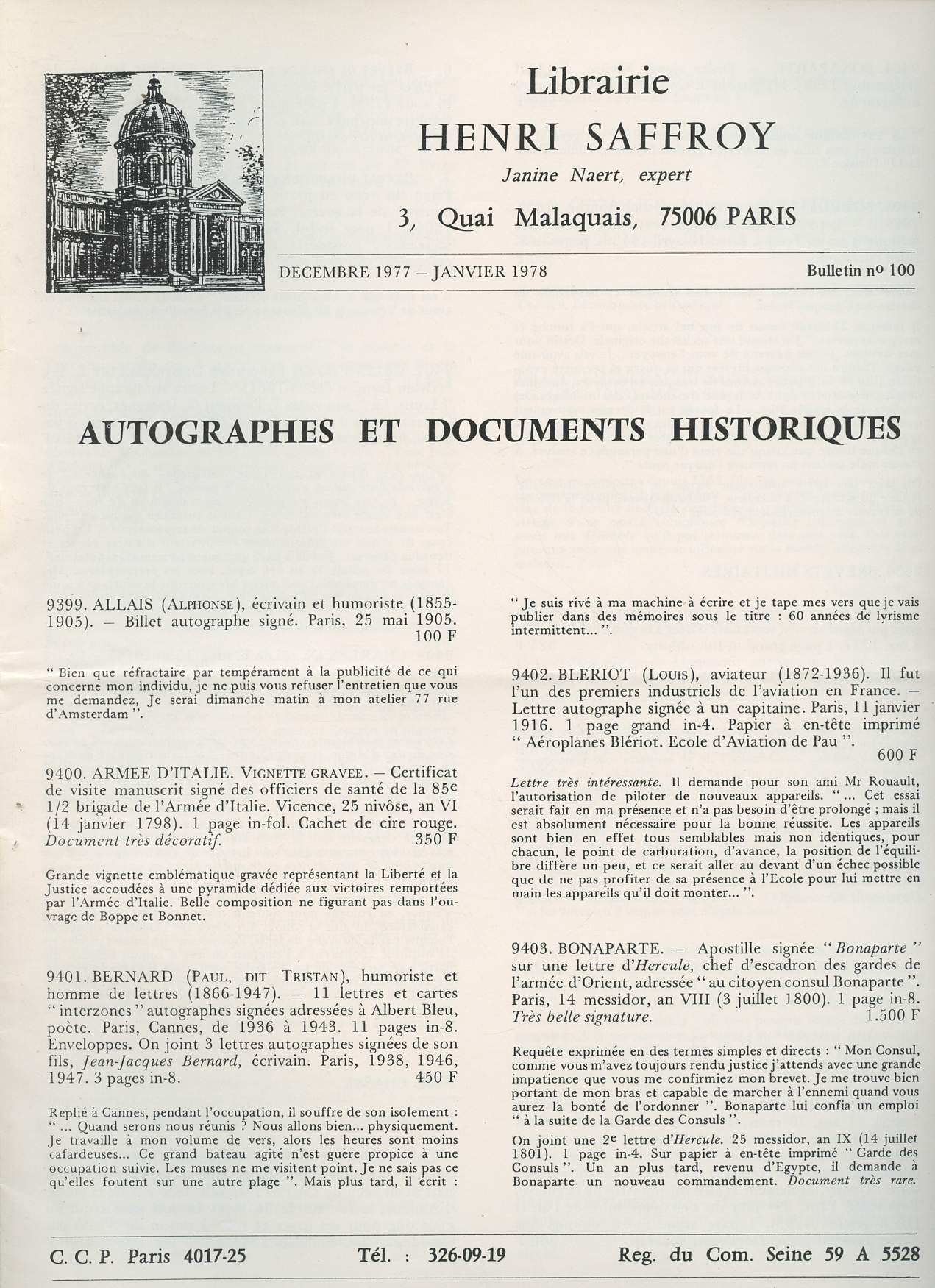 Autographes et documents historique - Dcembre 1977 n100