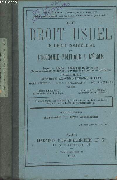 Le droit usuel, le droit commercial et l'conomie politique  l'cole - Leons, rcits, scnes de la vie active, exercices oraux et crits, devoirs de rdaction, gravures - 4e dition augmente du Droit commercial