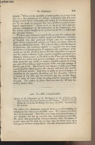 Extrait de Mr. Gladstone - Art. XI - Mr. Gladstone, Speech of the Chancellor of the Exchequer on the Finance of the Year and the Treaty of Commerce with France. Delivered in the House of Commons, on Friday, February 10, 1860