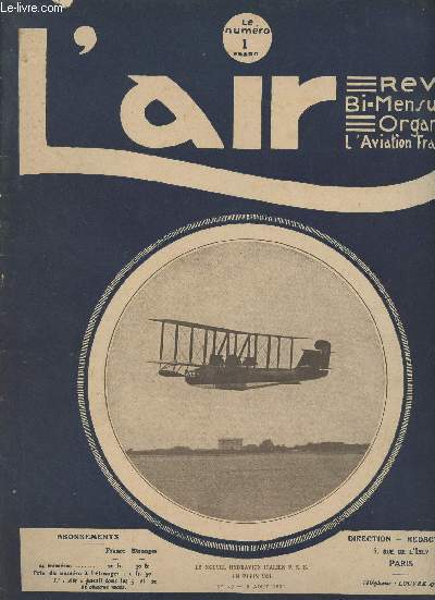 L'Air n42, 5 aot 1921 - Revue bi-mensuel, organe de l'Aviation Franaise- Le vrai pril - Le meeting de Clermont-Ferrand - L'aviation sportive - L'aronautique aux colonies - L'hydravion italien P.R.B. - Les hydravions italiens  la Coupe Schneider