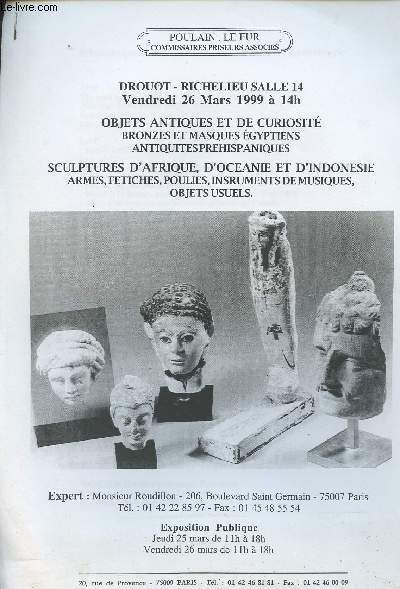 Photocopies Catalogue de vente aux enchres - Objets antiques et de curiosit, bronzes et masques gyptiens, antiquits prhispaniques, sculptures d'Afrique, d'Ocanie et d'Indonsie..