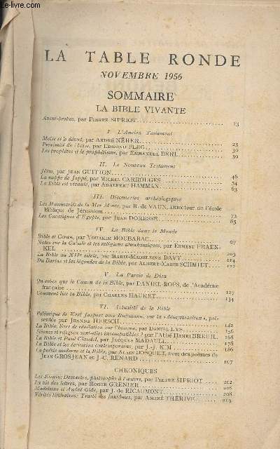 La Table ronde - Novembre 1956 - Sommaire: La bible vivante - Mose et le dsert - Proximit de Mose - Les prophtes et les prophtisme - Jsus - La nappe de Jopp - La bible est vivante...