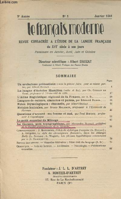 Le franais moderne, revue consacre  l'tude de la langue franaise, 9e anne n1 - Incomplet Le petit courrier de Mnage et Le Corneau, nom topographique seulement.