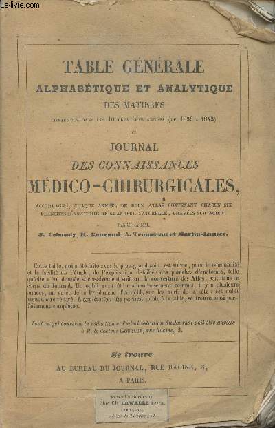Table gnrale alphabtique et analytique des matires contenues dans les 10 premires annes (de 1833  1843) du Journal des connaissances Mdico-chirurgicales