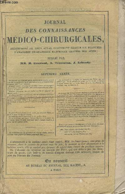 Journal des connaissances mdico-chirurgicales - 7e anne - N1 au n6 - Juillet 1939  dcembre 1839 et N1 au n6 - Janvier 1840  juin 1840
