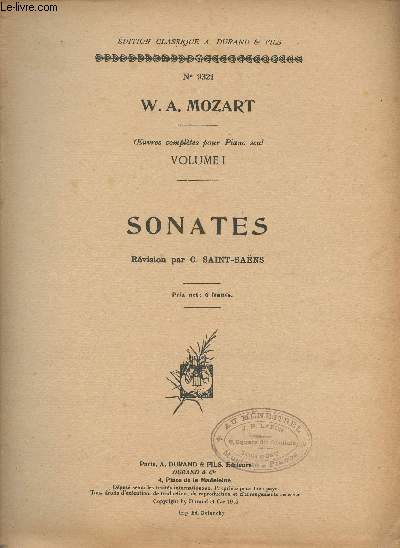 Oeuvres compltes pour piano seul - Volume 1 - Sonates - rvision par C. Saint-Sans