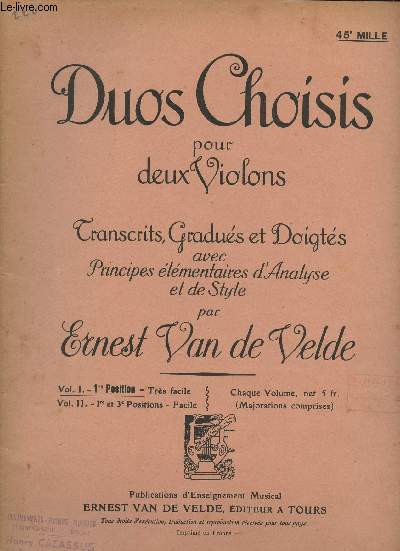 Duos choisis pour deux violons - Transcrits, gradus et doigts avec principes lmentaires d'analyse et de style - Vol. I 1er position