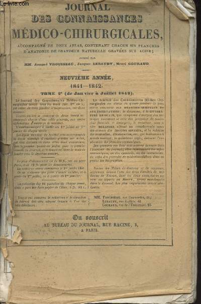 Journal des connaissances mdico-chirurgicales - 9e anne - 1841-1842 Tome 2e - N1 juillet 1841  n6 dcembre 1841 - N1 janvier 1842  n6 juin 1842