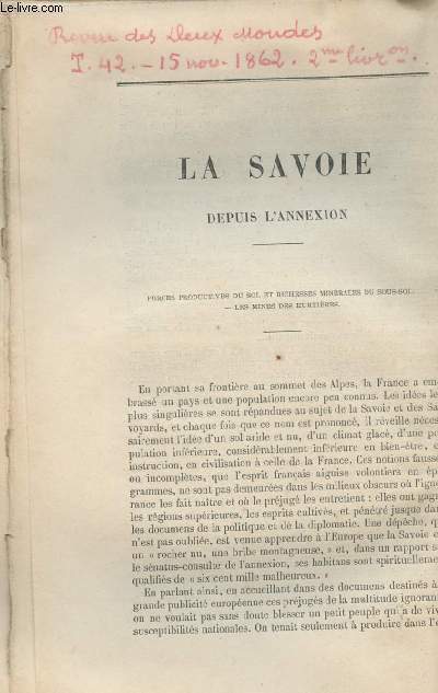 4 articles de la Revue des deux mondes : La Savoie depuis l'annexion + De l'accord de l'conomie politique et de la religion + Shaftesbury + Chronique de la quinzaine (14 nov. 1862)