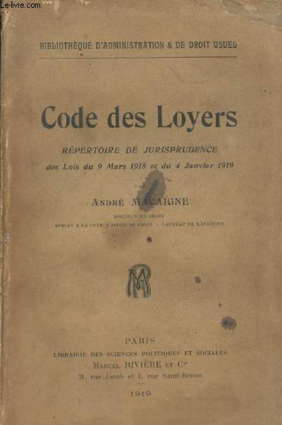 Code des loyers, rpertoire de jurisprudence des Lois du 9 mars 1918 et du 4 janvier 1919