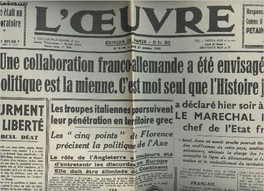 A la une - Fac-simil 36- vol. 5- L'Oeuvre n9144 jeudi 31 oct. 1940 - 