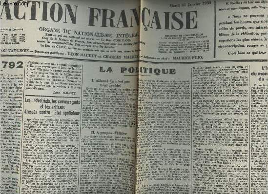 A la une - Fac-simil 10 - L'Action franaise 26e anne n31 mardi 31 janv. 1933 - 1789-1792 - Les industries, les commerants et les artisans dresss contre l'Etat spoliateur - La politique : Allons, a n'est pas ngligeable ! A propos d'Hitler...