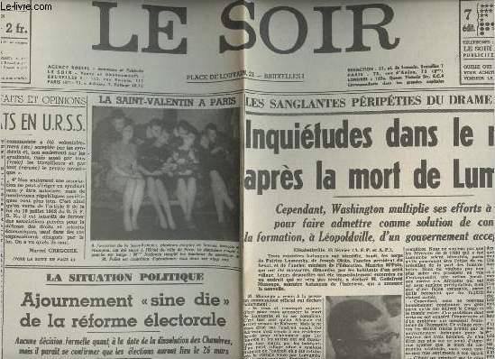 A la une - Fac-simil 8- vol.8 -Le Soir 75e anne n40 merc. 15 fv. 61 - Les syndicats en URSS - Inquitudes dans le monde aprs la mort de Lumumba- Ajournement 