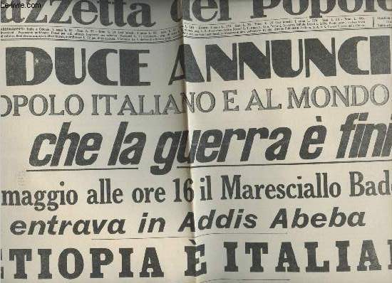 A la une - Fac-simil 27- vol.4 -Gazzetta del Popolo anno 89 n108 merc. 6 Maggio 1936- Il duce annuncia al popolo italiano e al mondo che la guerra e finita - L'Etiopia e Italiana Pace romana - L'Adunata a Roma...