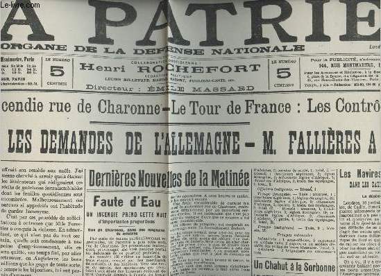 A la une - Fac-simil 51- vol.1 -La Patrie 71e anne lundi 17 juil. 1911- Grave incendie rue de Charonne- Le tour de France: les contrles - Au Maroc: les demandes de l'Allemagne - M.Fallires  Caen- Les navires allemands dans les eaux marocaines...