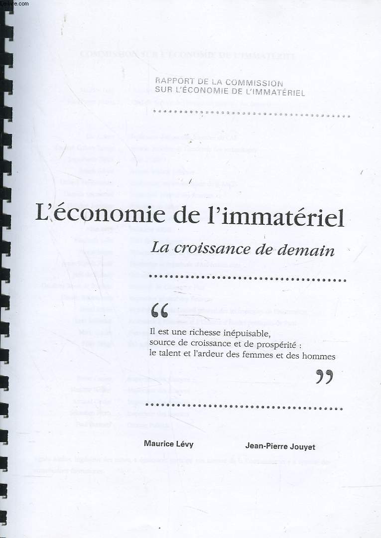 RAPPORT DE LA COMMISSION SUR L'ECONOMIE DE L'IMMATERIEL. LA CROISSANCE DE DEMAIN.