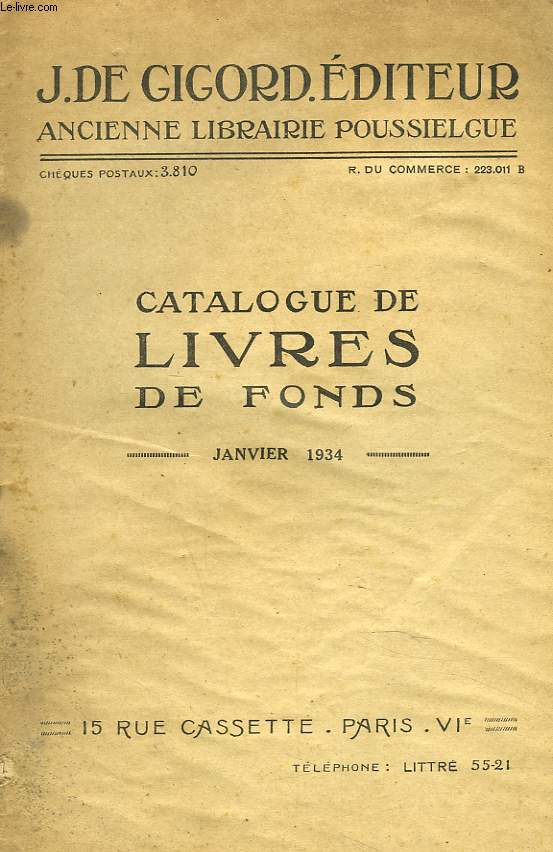 CATALOGUE DE LIVRES DE FONDS. JANVIER 1934
