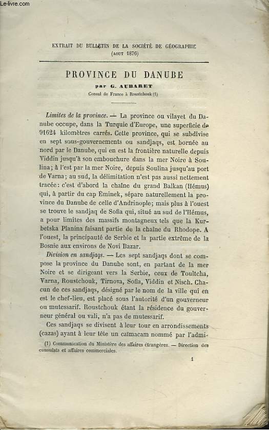 PROVINCE DU DANUBE. EXTRAIT DU BULLETIN DE LA SOCIETE DE GEOGRAPHIE.