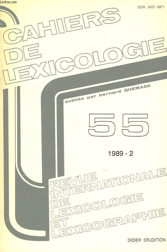 CAHIERS DE LEXICOLOGIE. REVUE INTERNATIONALE DE LEXICOLOGIE ET LEXICOGRAPHIE N55, 1989-2. M.B. THROSBY: DE 