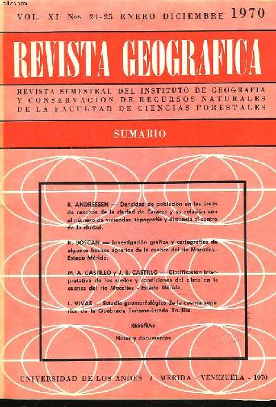 REVISTA GEOGRAFICA N24/25, VOL. XI, ENERO-DICIEMBRE 1970. R. ANDRESSEN: DENSIDAD DE POBLACION EN LAS AREAS DE RANCHOS DE LA CIUDAD DE CARACAS Y SU RELACION EL NUMERO DE VIVIENDAS, TOPOGRAFIA Y DISTANCIA AL CENTRO DE LA CIUDAD / ...