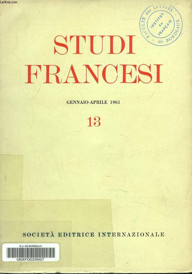 STUDI FRANCESI N13, GENNAIO-APRILE 1961. A. ROSELLINI, ANALISI CRITICA DELLA 