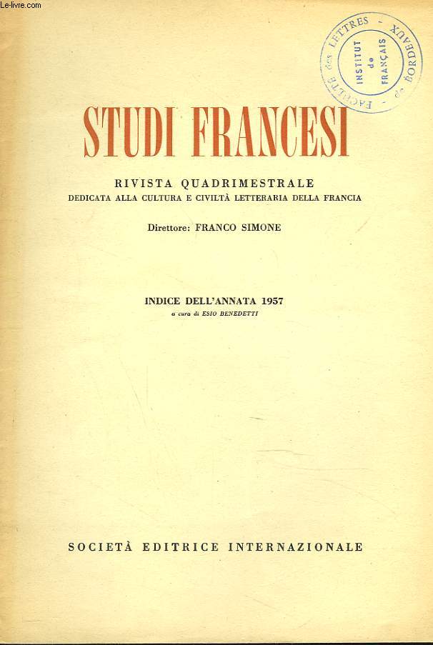 STUDI FRANCESI. INDICE DELL'ANNATA 1957.