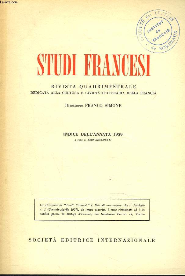 STUDI FRANCESI. INDICE DELL'ANNATA 1959.