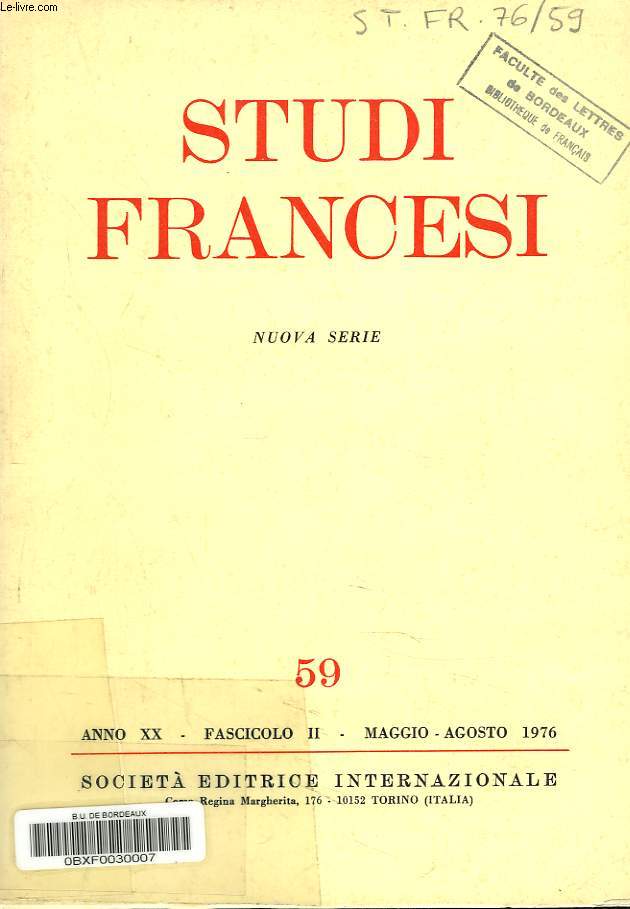 STUDI FRANCESI, NUOVA SERIE N59, MAGGIO-AGOSTO 1976. D. FENOALTEA, THE FINAL DIZAINS OF SCEVE'S 