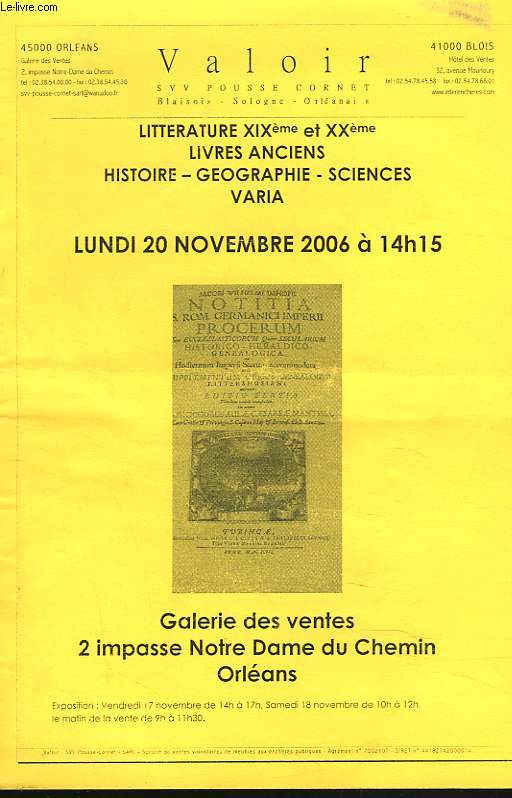 LITTERATURE XIXe ET XXe SIECLE, LIVRES ANCIENS, ... 20 NOVEMBRE 2006, GALERIE DES VENTES, ORLEANS