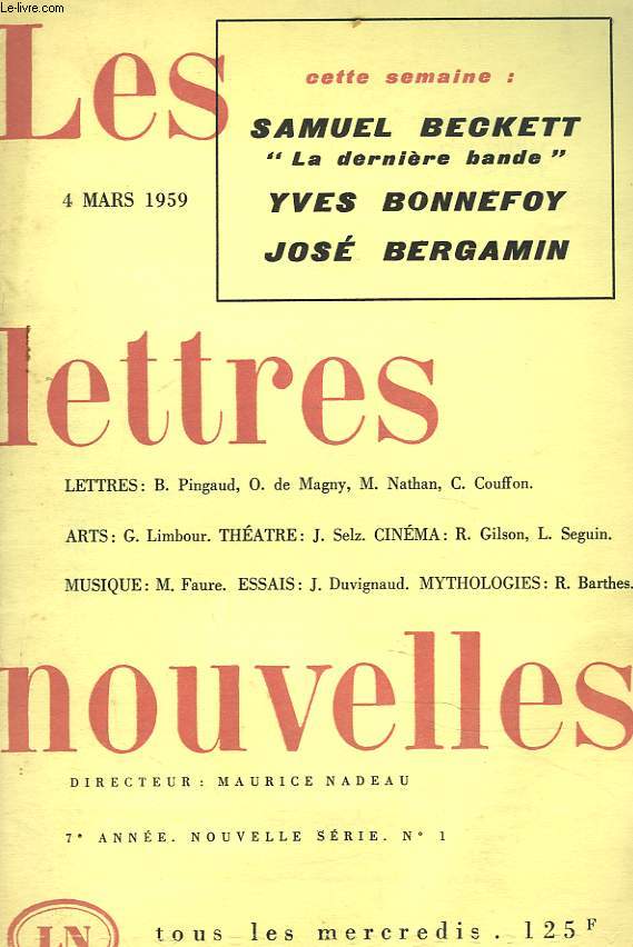 LES LETTRES NOUVELLES, 7e ANNEE, NOUVELLE SERIE, N1, MARS 1959. SAMUELBECKETT 
