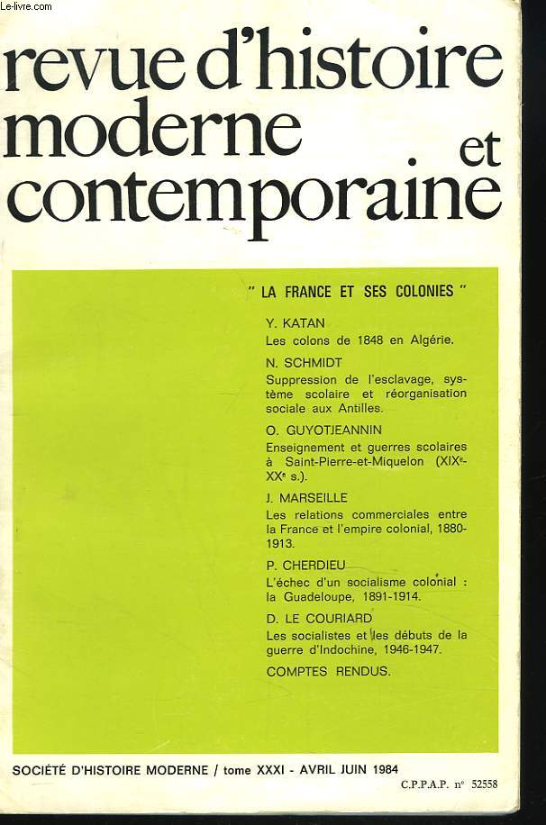 REVUE D'HISTOIRE MODERNE ET CONTEMPORAINE, TOME XXXI, AVRIL-JUIN 1984. 
