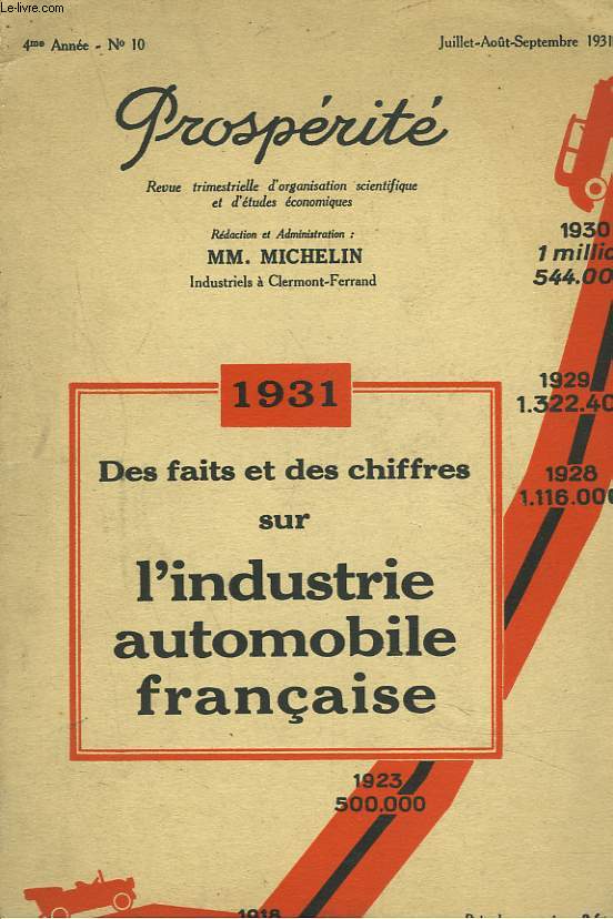 PROSPERITE, REVUE TRIMESTRIELLE D'ORGANISATION SCIENTIFIQUE ET D'ETUDE ECONOMIQUES. N10, 4e ANNEE, JUILL-SEPT. 1931. DES FAITS ET DES CHIFFRES SUR L'INDUSTRIE AUTOMOBILE FRANCAISE