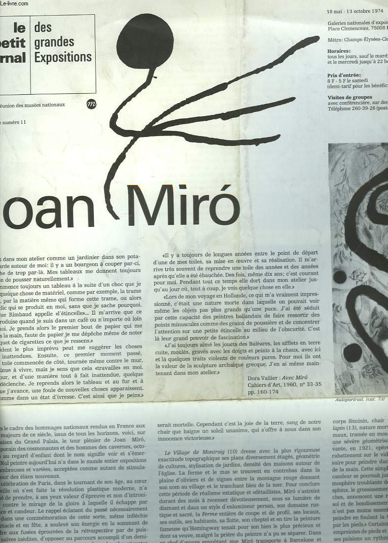 LE PETIT JOURNAL DES GRANDES EXPOSITIONS N 11, 18 MAI-13 OCTOBRE 1974. JOAN MIRO.
