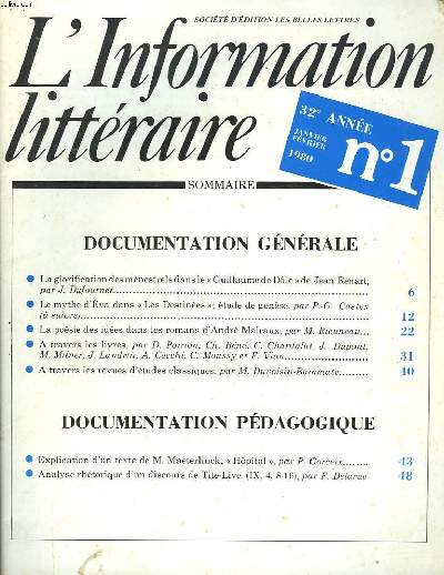 L'INFORMATION LITTERAIRE. 32e ANNEE, N1, JANVIER-FEVRIER 1980. LA GLORIFICATION DES MENESTRELS DANS LE 
