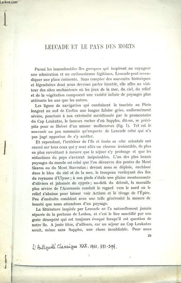 LEUCADE ET LE PAYS DES MORTS. ARTICLE PARU DANS LA REVUE L'ANTIQUITE CLASSIQUE XXX, 1961.