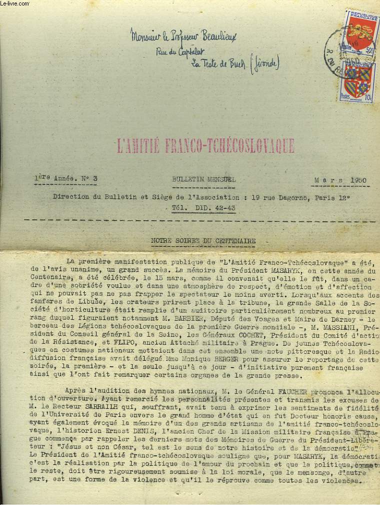 L'AMITIE FRANCO-TCHECOSLOVAQUE, BULLETIN MENSUEL N3, 1e ANNEE, MARS 1950.