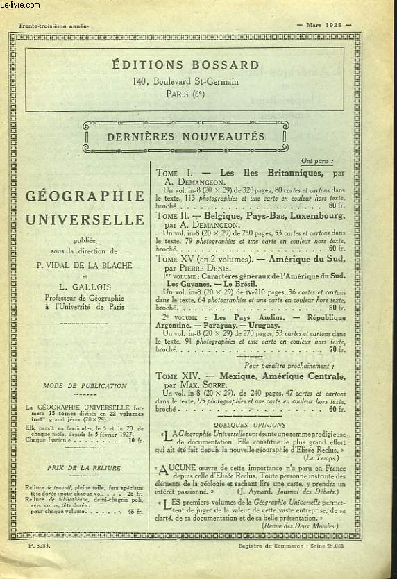 EDITIONS BOSSARD. DERNIERES NOUVEAUTES, MARS 1928. GEOGRAPHIE UNIVERSELLE / BULLETIN BIBLIOGRAPHIQUE DE LA LIBRAIRIE ARMAND COLIN