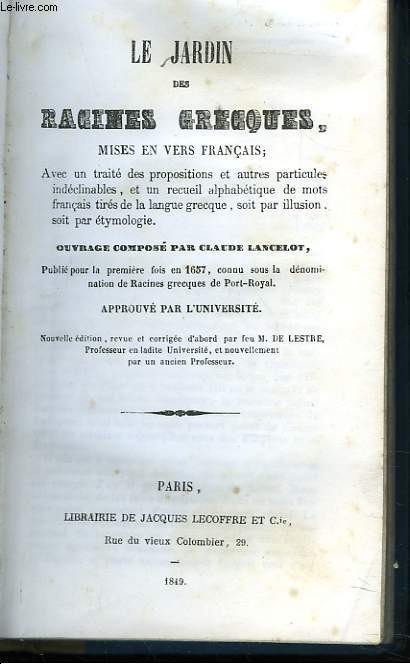 LE JARDIN DES RACINES GRECQUES MISES EN VERS FRANCAIS.