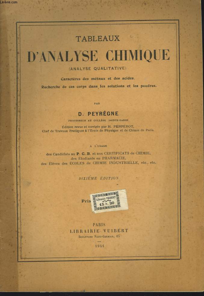 TABLEAUX D'ANALYSE CHIMIQUE (ANALYSE QUALITATIVE). caractres des mtaux et des acides-recherche de ces corps dans les solutions et les poudres.