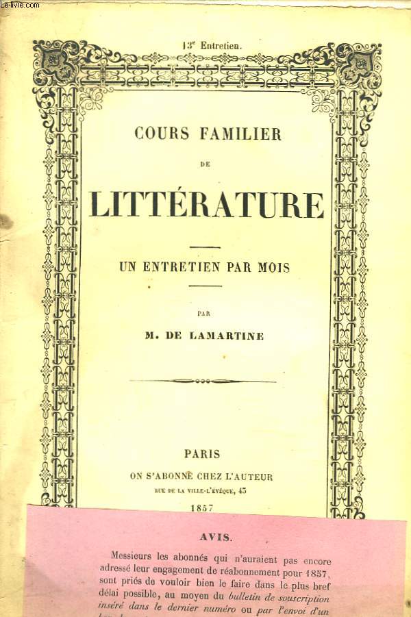 COURS FAMILIER DE LITTERATURE. UN ENTRETIEN PAR MOIS. 13 me ENTRETIEN.