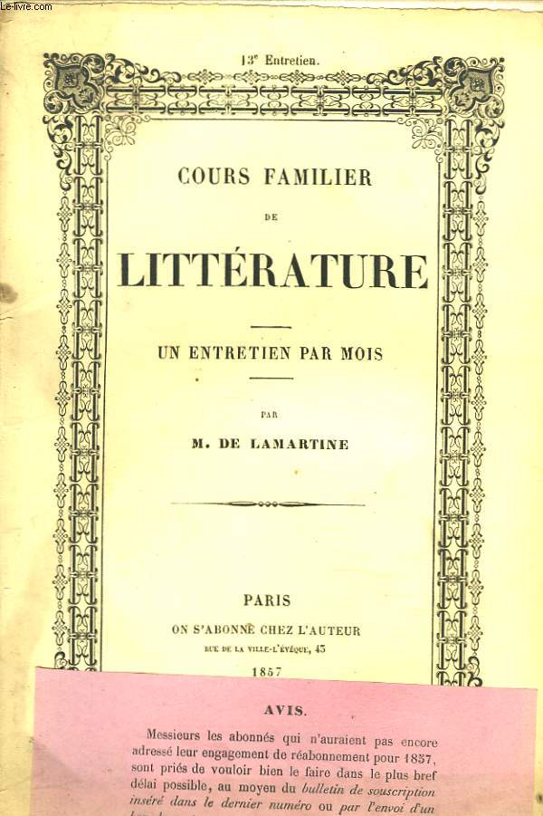 COURS FAMILIER DE LITTERATURE. UN ENTRETIEN PAR MOIS. 13 me ENTRETIEN.