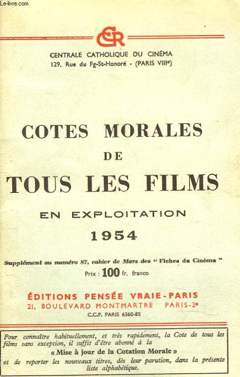 COTES MORALES DE TOUS LES FILMS EN EXPLOITATION 1954.