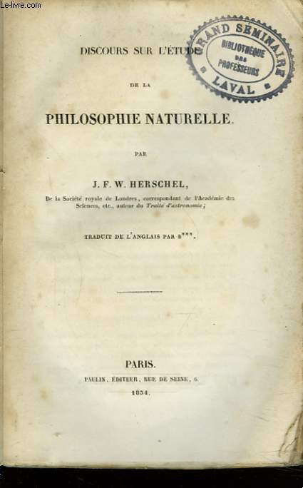 DISCOURS SUR L'ETUDE DE LA PHILOSOPHIE NATURELLE