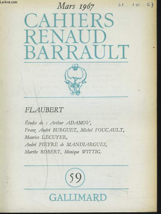 CAHIERS RENAUD BARRAULT N 59, MARS 1967. FLAUBERT.